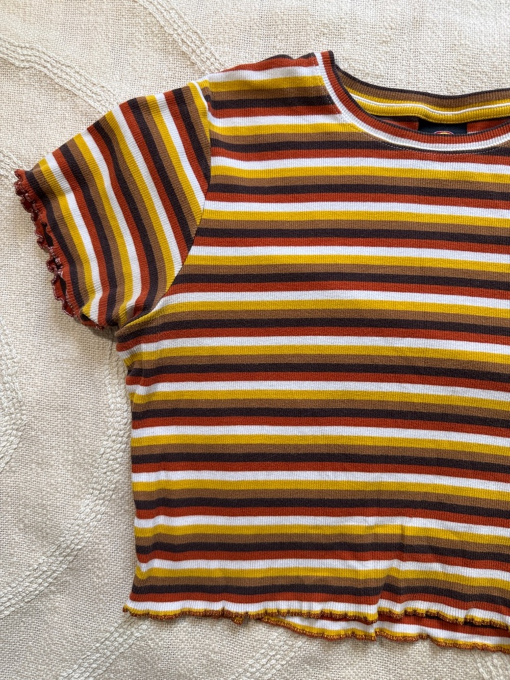 Dickies Retro Striped Crop Top in Red, Yellow, and Brown XL